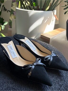Jimmy Choo Black Suede Kitten Heels with Leather Bow Detail